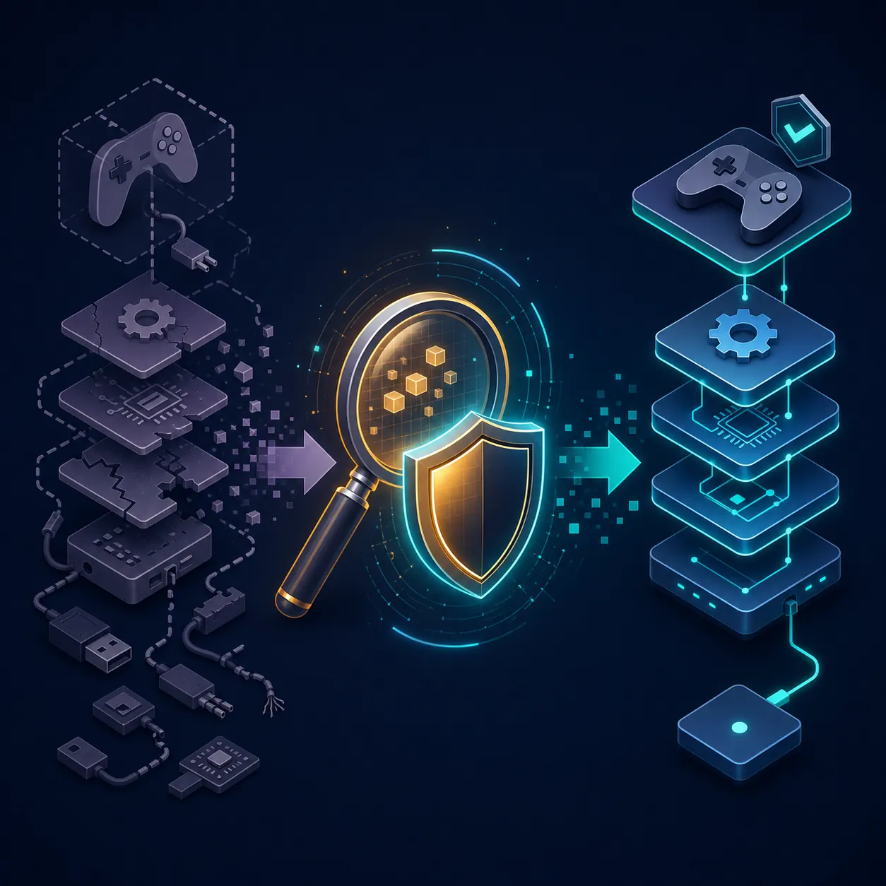 Concept illustration of inspecting and verifying a legacy virtual-gamepad driver stack