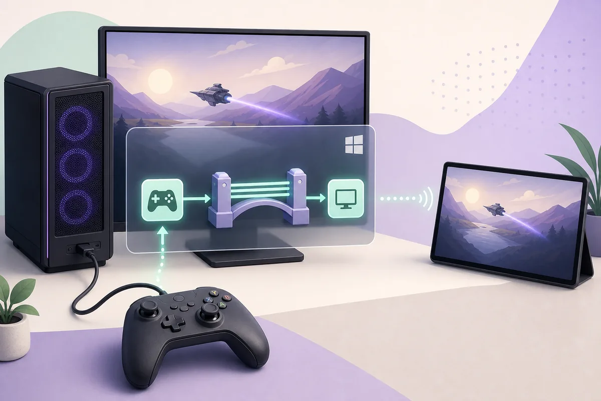 Redaktionelle Illustration des Controller-Datenwegs von Sunshine durch einen virtuellen Windows-Bus