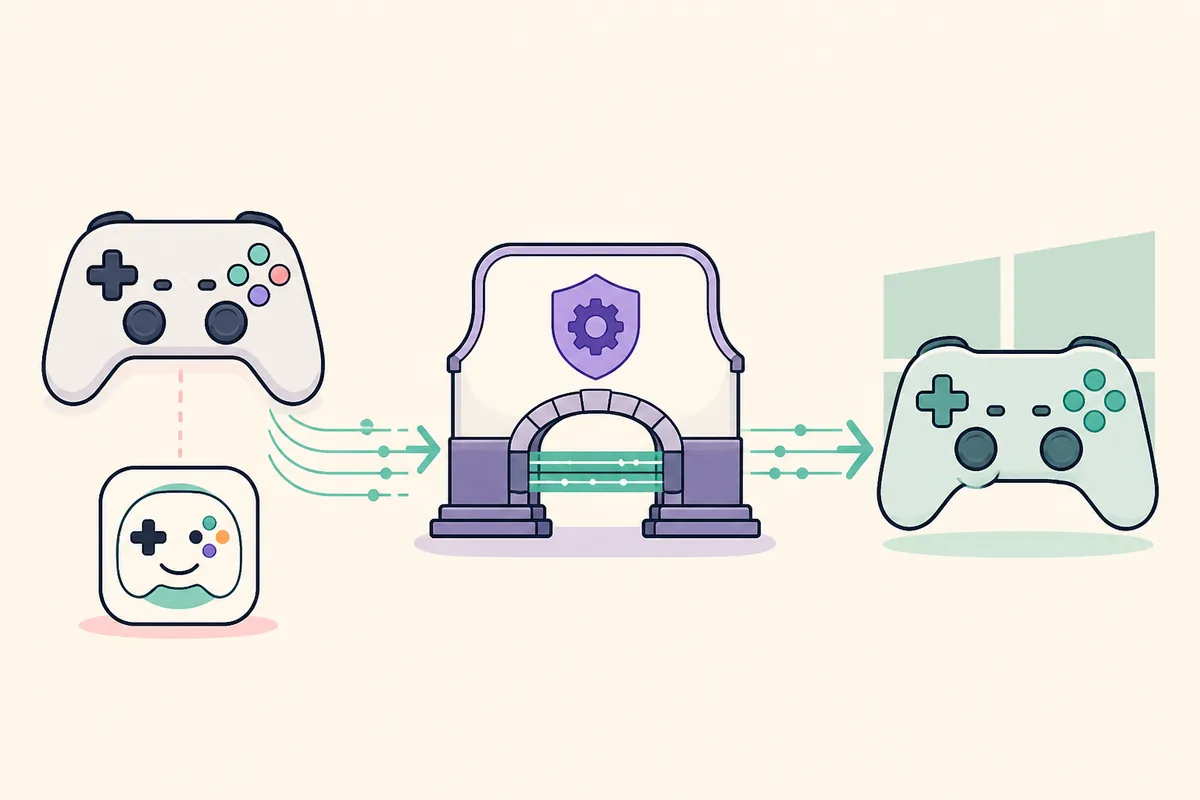 Editorial illustration of a controller input passing through ViGEmBus to a virtual gamepad