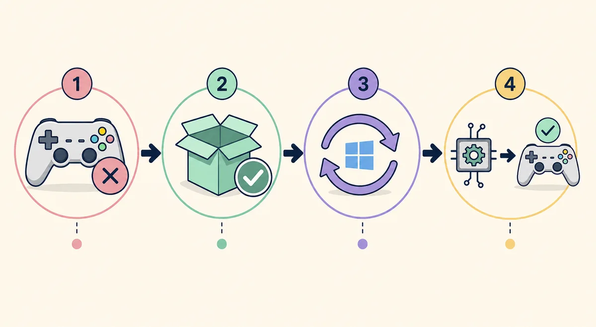 Editorial four-step flow for closing BetterJoy, installing ViGEmBus, restarting Windows and verifying output