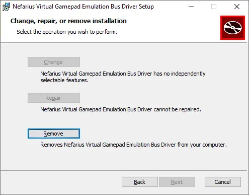 Older official ViGEmBus setup showing the Remove option
