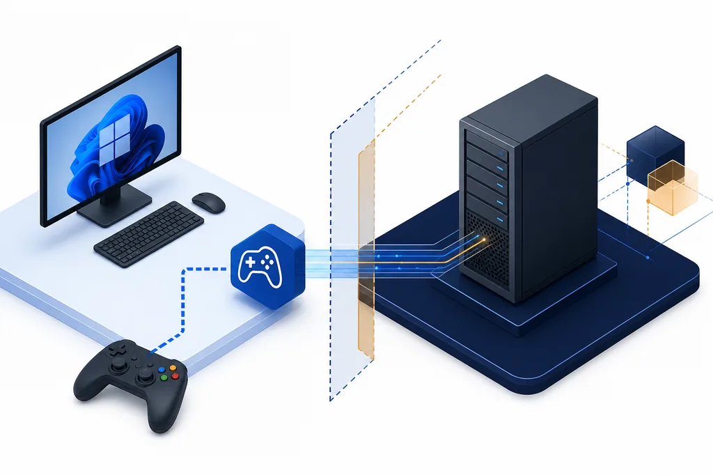 Redaktionelle Illustration, die einen virtuellen Gamepad-Treiber von einer Windows-Server-Umgebung trennt